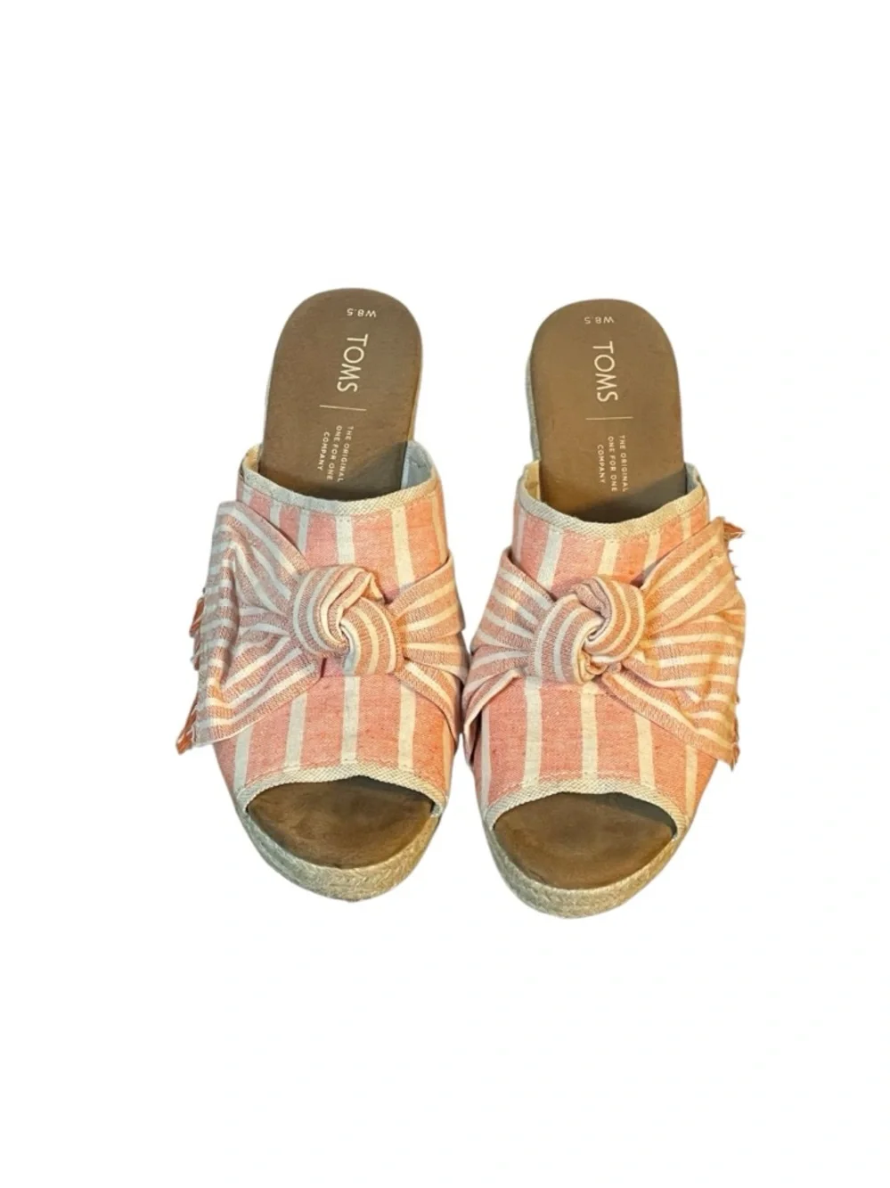 Toms Junie Stripe Peach Bow Jute Platform Heel Slide Sandal Womens Sz 8.5